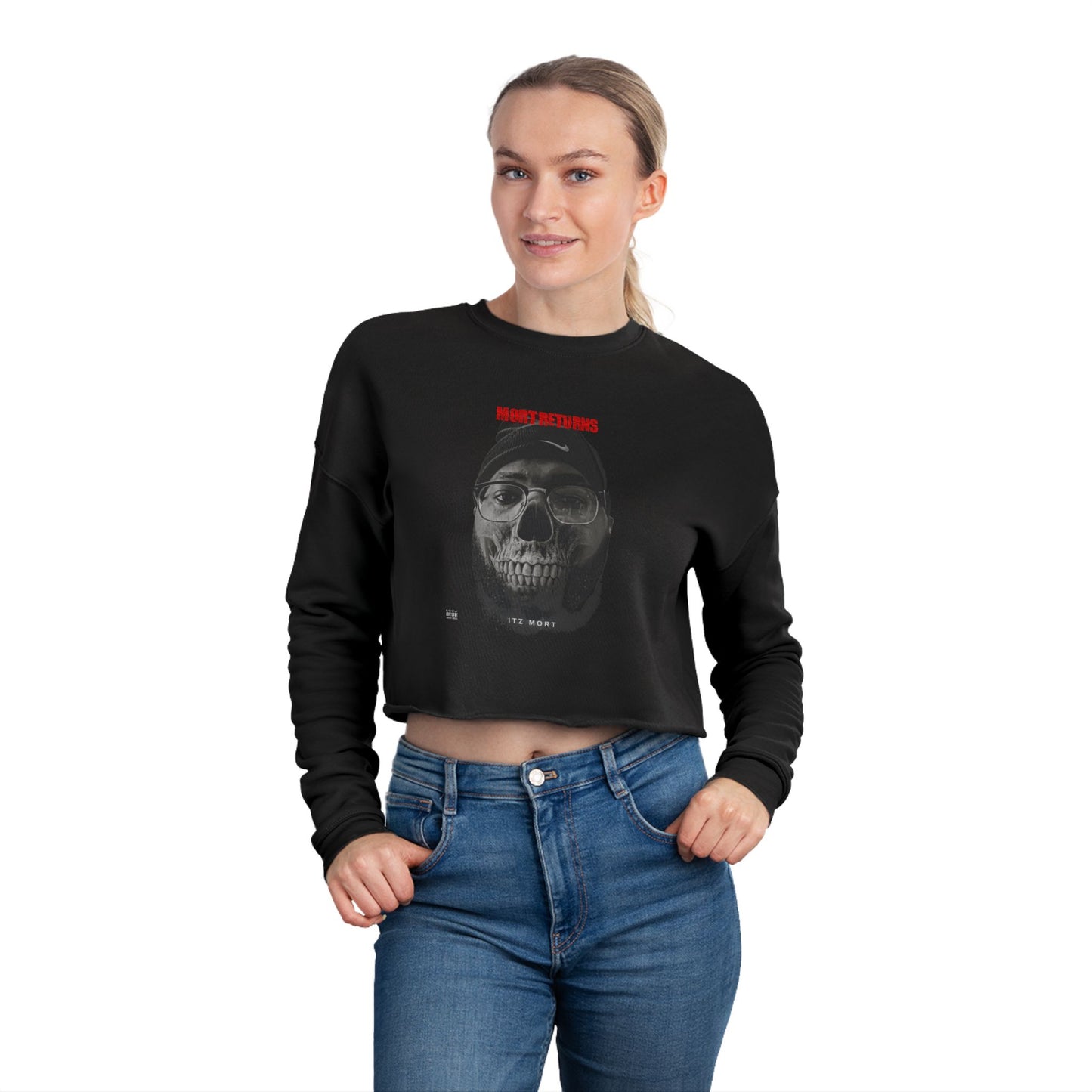 Edgy Women's Cropped Sweatshirt (From Rap Music Single-Mort Returns) - Skull Design, Trendy Streetwear, Casual Chic, Fall Fashion, Perfect for Halloween