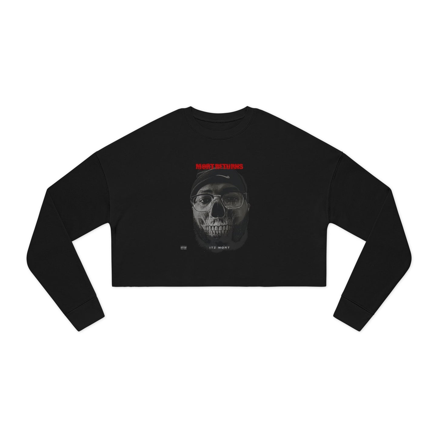 Edgy Women's Cropped Sweatshirt (From Rap Music Single-Mort Returns) - Skull Design, Trendy Streetwear, Casual Chic, Fall Fashion, Perfect for Halloween
