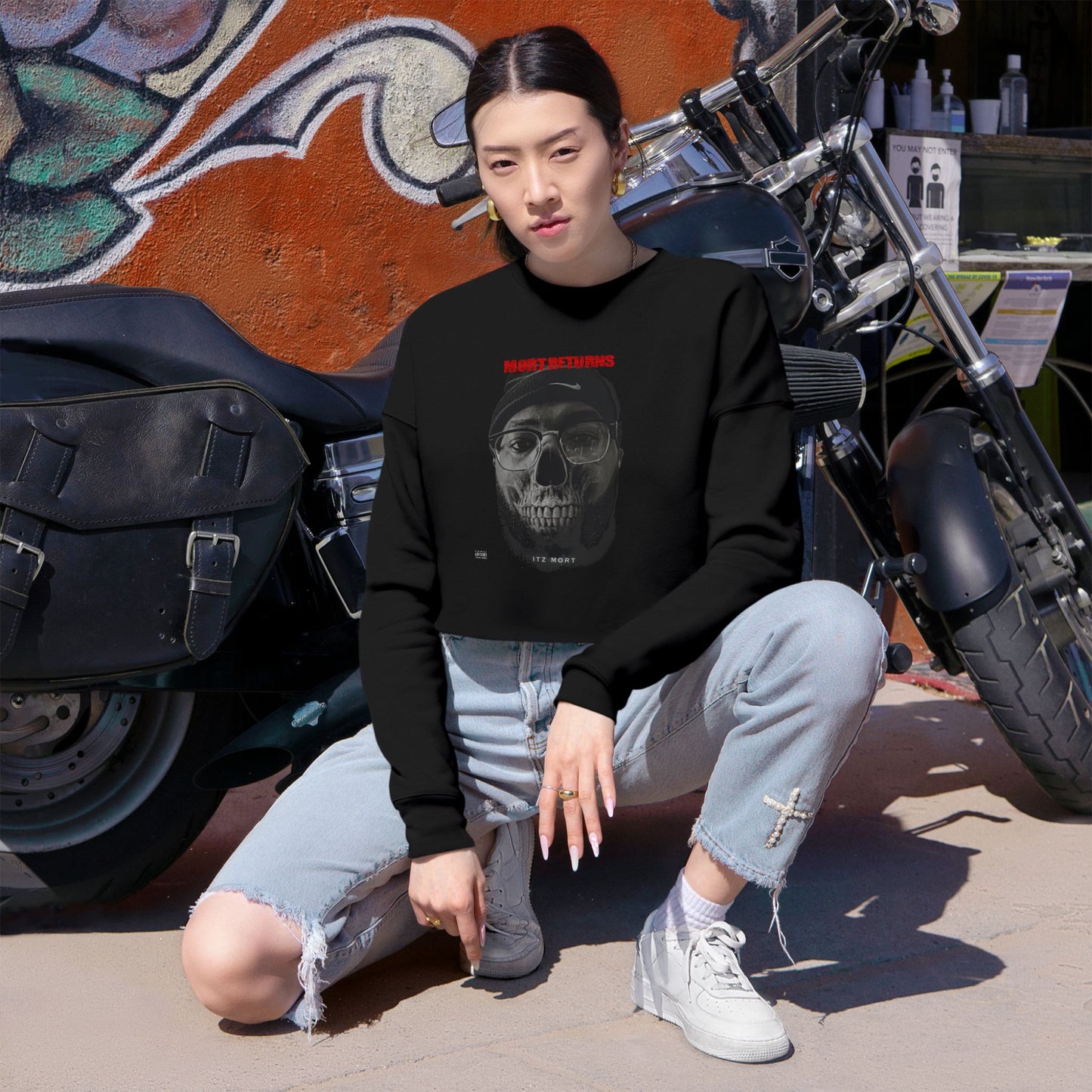 Edgy Women's Cropped Sweatshirt (From Rap Music Single-Mort Returns) - Skull Design, Trendy Streetwear, Casual Chic, Fall Fashion, Perfect for Halloween