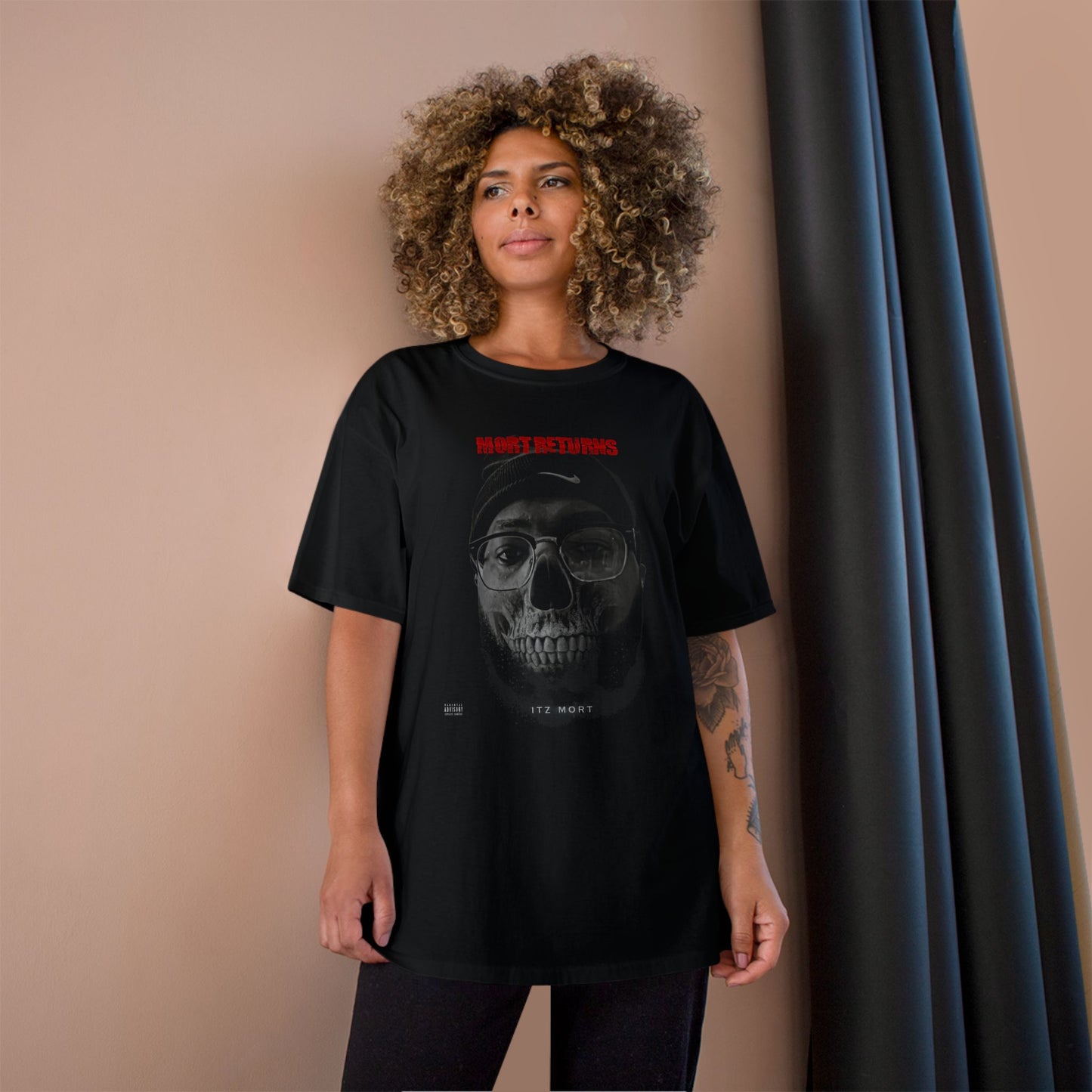 Champion Graphic T-Shirt, (From Rap Music Single- Mort Returns) Vintage Skull Tee, Gothic Style Top, Unisex Casual Shirt, Unique Gift for Halloween, Trendy Streetwear