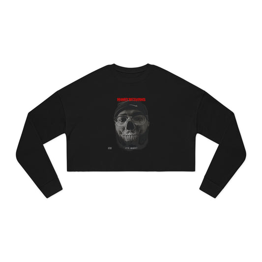 Edgy Women's Cropped Sweatshirt (From Rap Music Single-Mort Returns) - Skull Design, Trendy Streetwear, Casual Chic, Fall Fashion, Perfect for Halloween