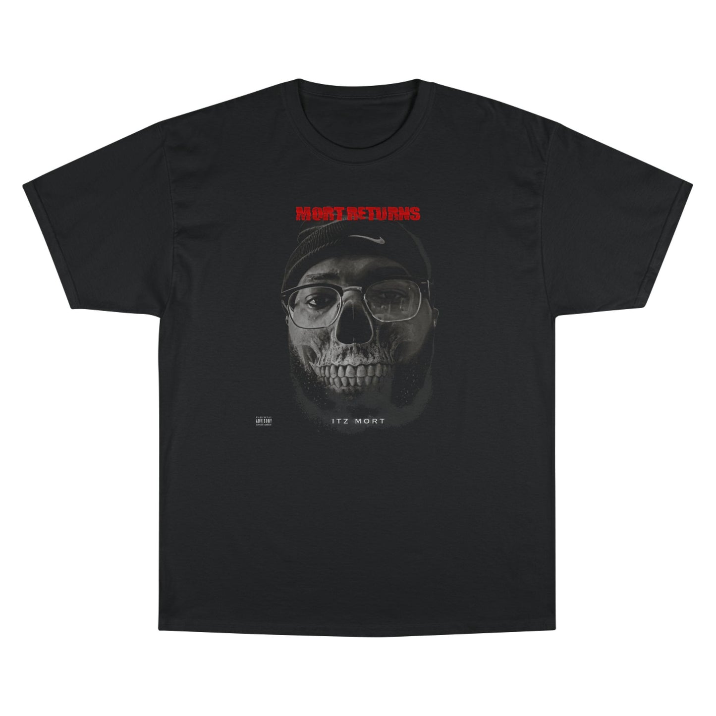 Champion Graphic T-Shirt, (From Rap Music Single- Mort Returns) Vintage Skull Tee, Gothic Style Top, Unisex Casual Shirt, Unique Gift for Halloween, Trendy Streetwear