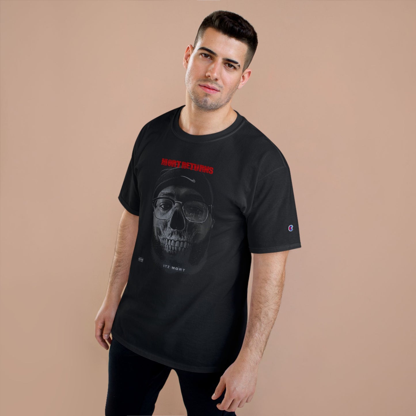 Champion Graphic T-Shirt, (From Rap Music Single- Mort Returns) Vintage Skull Tee, Gothic Style Top, Unisex Casual Shirt, Unique Gift for Halloween, Trendy Streetwear